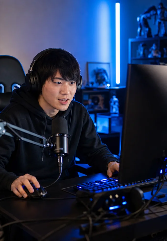 マイクとゲーム環境を使って実況配信をする男性の配信イメージ