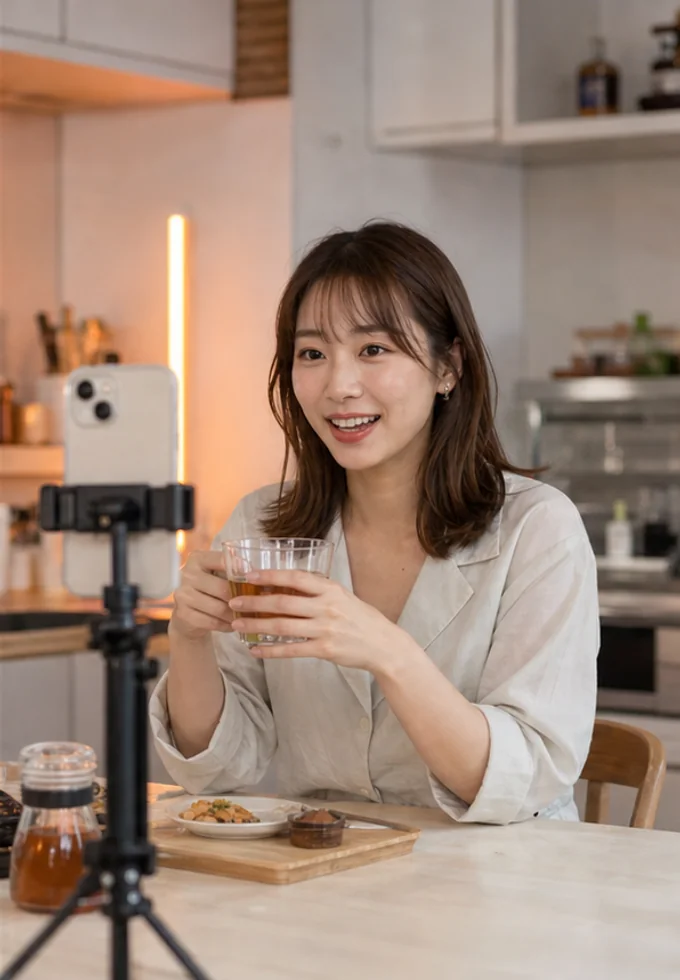 スマートフォンを使ってライフスタイル配信をする女性の配信イメージ